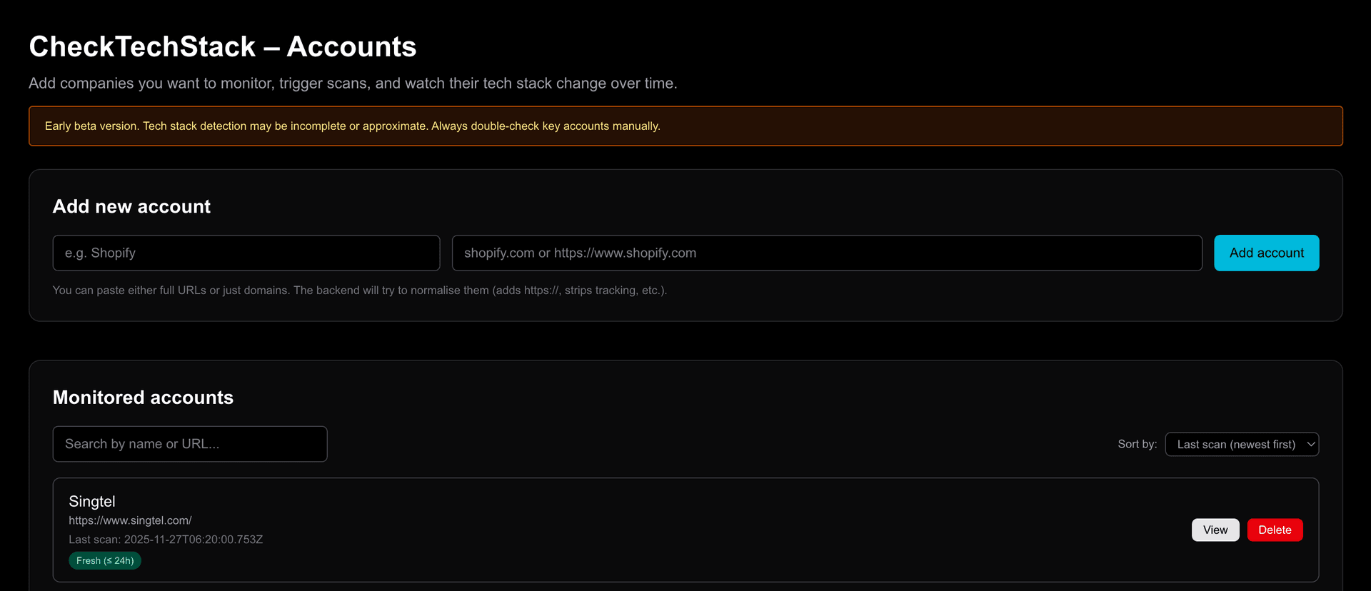 CheckTechStack dashboard